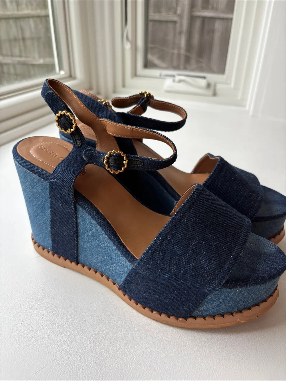 See By Chloe Navy Denim Platform Wedge Sandals size 41 US 10.5